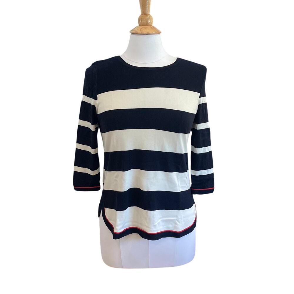 Talbots Navy & Ivory 3/4 Sleeve Striped Lightweight Sweater, Preppy, Academia SP